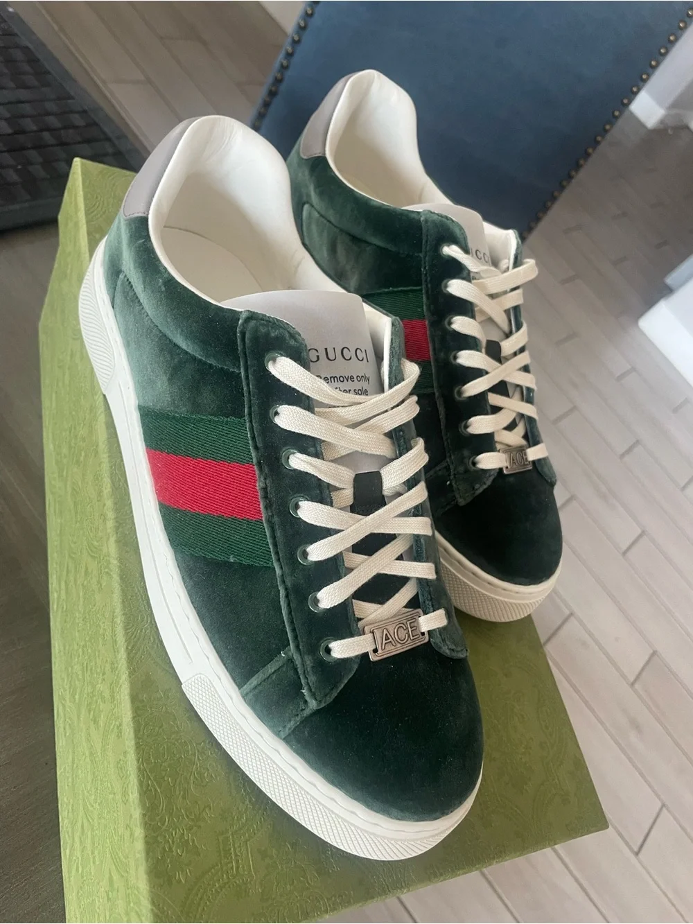 Gucci Green Velvet Sneakers with Red & Green Web Stripe